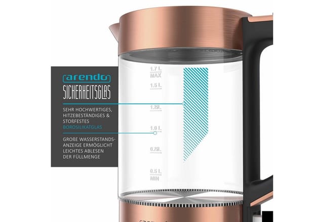 Arendo Glas Wasserkocher, 1,7l, Cool Touch, edles Kupfer Design