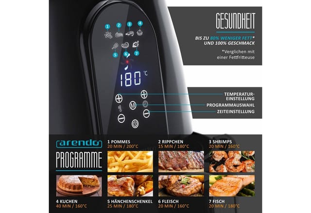 Arendo XXL Heißluftfritteuse, 5,2l, 7 Programme, fettfreies Frittieren