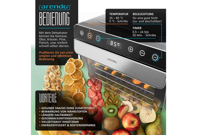 Arendo Dörrautomat Edelstahl, Temperaturregler von 35° bis 85°C, Dörrgerät, Dehydrator, 700 W, 8 Etagen, Obst, Fisch, Fleisch Dörrapparat