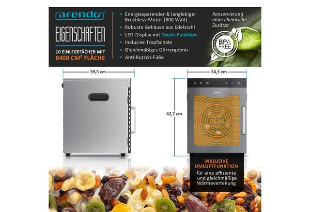Arendo Dörrautomat Edelstahl, Temperaturregler von 30° bis 90°C, Dörrgerät, Dehydrator, 800 W, 10 Etagen, Obst, Fisch, Fleisch Dörrapparat, Obsttrockner, Timer 0,5-24 Stunden