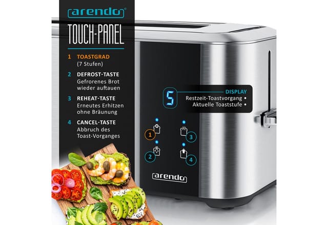 Arendo Langschlitz-Toaster 1500 W, für 4 Scheiben, Brötchenaufsatz, Touchdisplay, LED-Anzeige, wärmeisoliert, Edelstahl