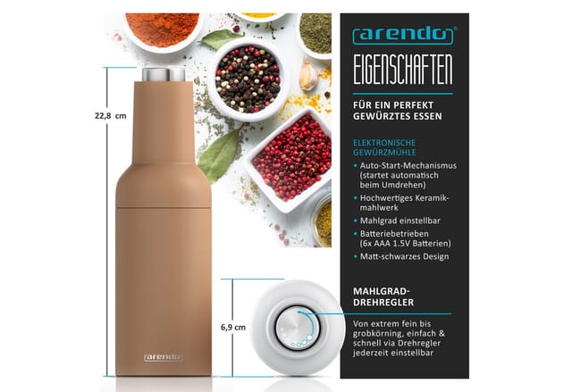 Arendo elektrische Salz- & Pfeffermühle, weiß/braun, Batterie, LED-Licht, Keramikmahlwerk, einstellbar