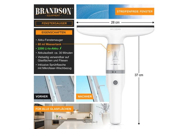 Brandson Akku-Fenstersauger Fensterreiniger inkl. Sprühflasche mit Wischbezug, 28 cm Saugdüse, Laufzeit ca. 30 minuten, für Fenster Duschkabine Spiegel, 2200 mAh