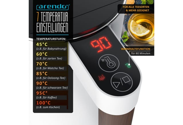 Arendo Wasserkocher Edelstahl, Doppelwand, Temperatureinstellung 40° - 100 °C mit Anzeige, 1,5 l, 2200 W, Warmhaltefunktion, 360° Basis, mit Griff in Holzoptik, BPA-frei