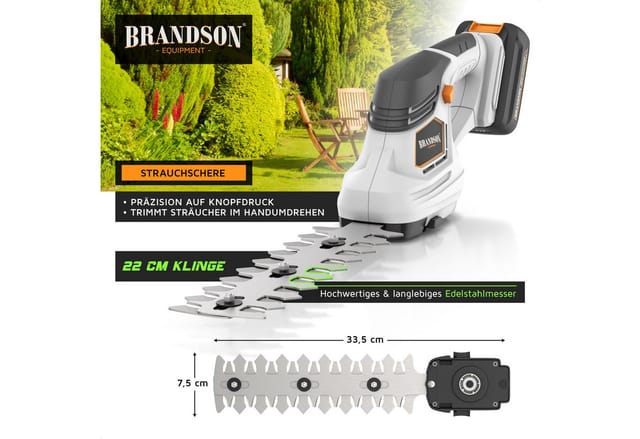 Brandson Akku-Grasschere 2in1 mit Grasmesser und Strauchmesser, inkl. Akku und Ladegerät, bis 1,3 m Arbeitshöhe, Garten Strauchschere, Elektrogartenschere für Rasen, Sträucher