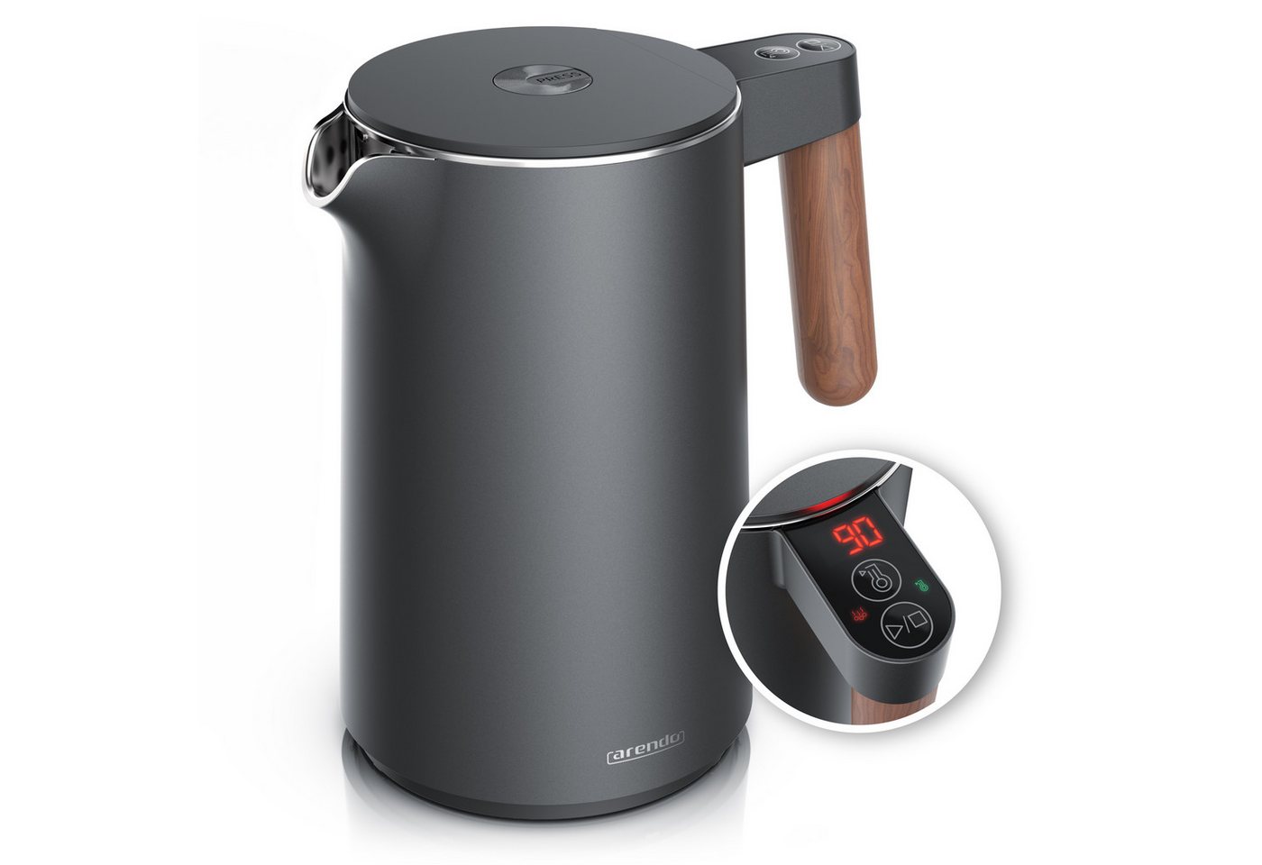 Arendo Wasserkocher Edelstahl, Doppelwand, Temperatureinstellung 45 ° – 100 °C mit Anzeige, 1,5 l, 2200 W, Warmhaltefunktion, Teekocher, mit Holzgriff, BPA-frei Bild 2