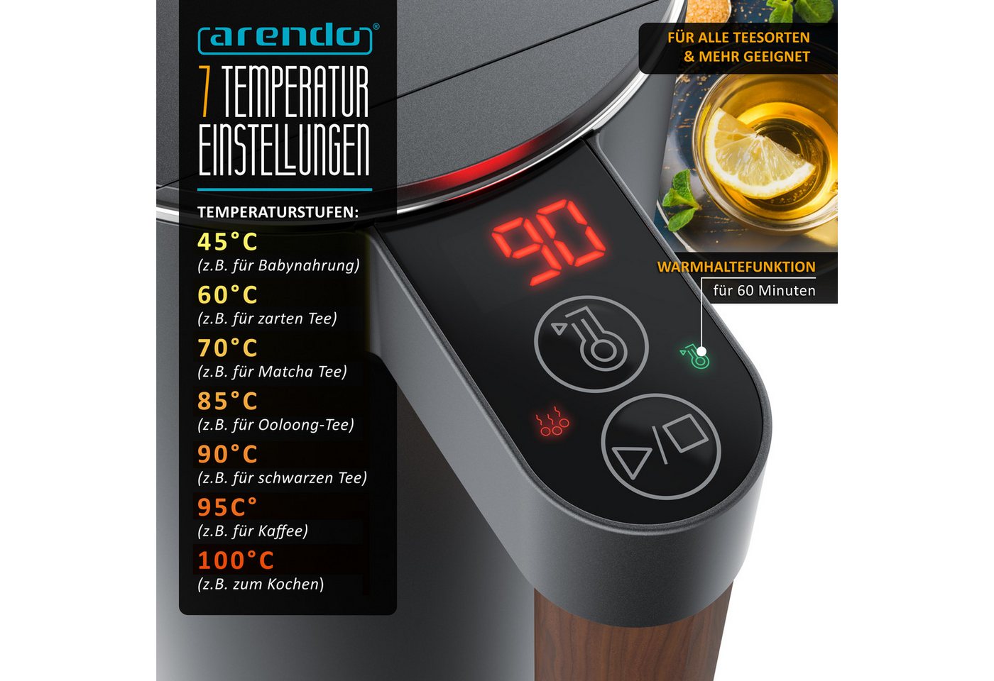 Arendo Wasserkocher Edelstahl, Doppelwand, Temperatureinstellung 45 ° – 100 °C mit Anzeige, 1,5 l, 2200 W, Warmhaltefunktion, Teekocher, mit Holzgriff, BPA-frei Bild 3