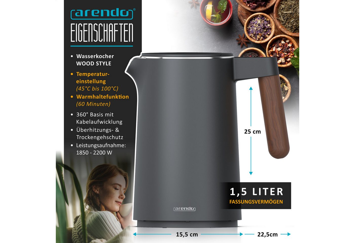 Arendo Wasserkocher Edelstahl, Doppelwand, Temperatureinstellung 45 ° – 100 °C mit Anzeige, 1,5 l, 2200 W, Warmhaltefunktion, Teekocher, mit Holzgriff, BPA-frei Bild 5