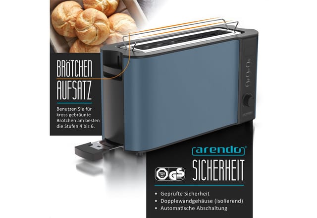Arendo Toaster Edelstahl, Langschlitz, Display mit Restzeitanzeige, Brötchenaufsatz, 1 langer Schlitz, für 2 Scheiben, 1000 W, Defrost Funktion, Wärmeisolierendes Gehäuse, Krümelschublade