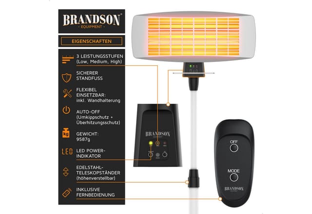Brandson Infrarotstrahler Heizstrahler mit Fernbedienung & Wandhalterung, Terrassenheizstrahler, 1800 W, 3 Leistungsstufen Heizelemente, schwenkbar und höhenverstellbar