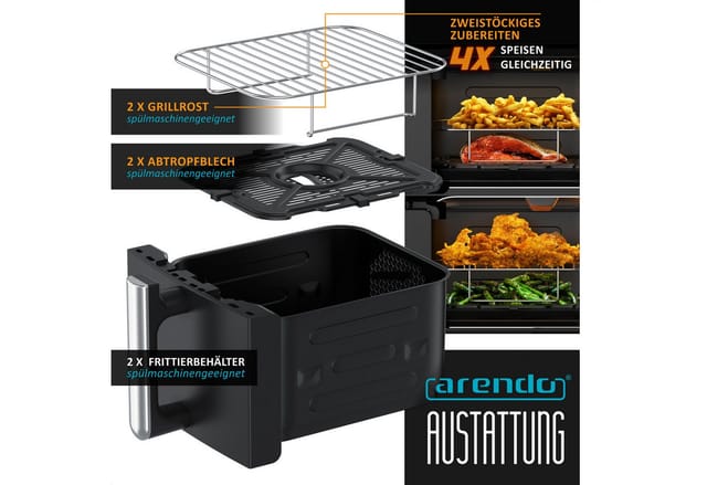 Arendo Heißluftfritteuse mit 2 Kammern Übereinander, XXL Doppelkammer Airfryer 11L, Dual Zone, 2400 W, mit Zubehör, Umluft Backofen, Edelstahl