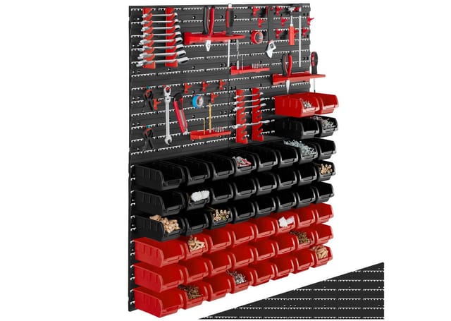 tectake® Kleinteilemagazin, 88-teilig, mit 4 Wandplatten, komfortable Eingriffsöffnung, inklusive Halterungen für Werkzeug und Zubehör