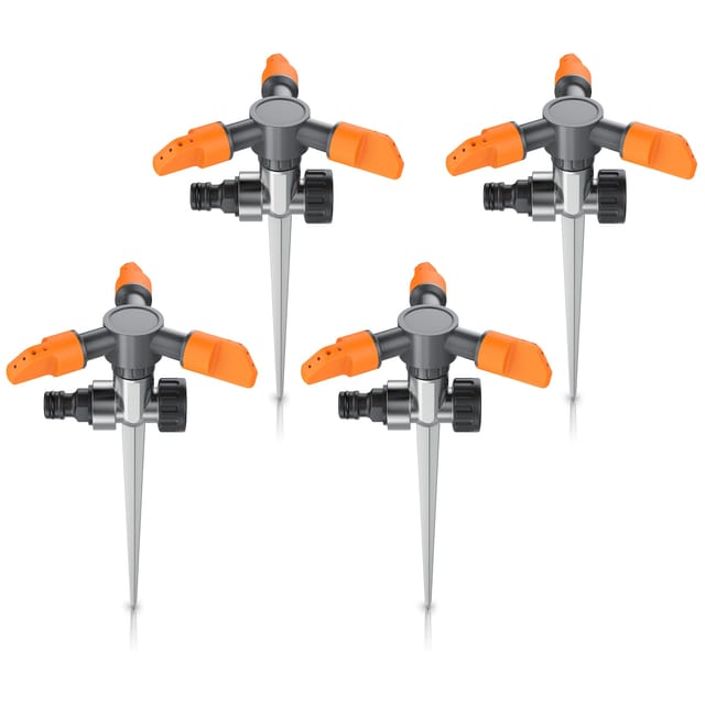 Brandson 4x Kreisregner 3-fach Rasensprinkler mit Erdspieß, 360° Flächenregner, Sprühregner, für Flächen bis 150 m², 14 cm lang, 3 Arm Sprinkler, 45° - 90° Winkel, 7m Reichweite, robuster Spike