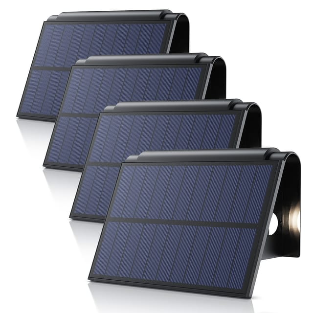BEARWARE 4x LED Solarleuchte Solar Wandleuchte für außen mit Akku & ohne Stromanschluss Wasserdicht, Ein-/Ausschalter; mehrere Helligkeitsstufen, LED fest integriert, Warmweiß, 1800 mAh Akku, Solarpanel, IP54, wetterfest, für Außenmontage