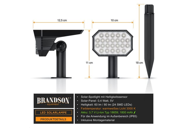 Brandson 4x LED Gartenstrahler Solar Erdspießleuchte, Akku Gartenleuchte, Solarspotlight Wandmontage, Ein-/Ausschalter; mehrere Helligkeitsstufen, LED fest integriert, Warmweiß, Solarstrahler 80 Lumen, Solarleuchte warnweiß, für Garten, Balkon IP65