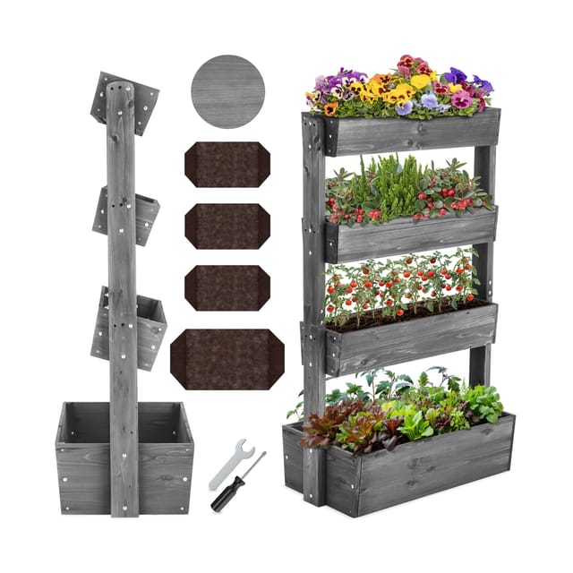tectake® Vertikalbeet, 4 Etagen, die oberen 3 mit Schrägstellfunktion, wetterfest und standsicher, inklusive Pflanzvlies, 85 x 45 x 140 cm