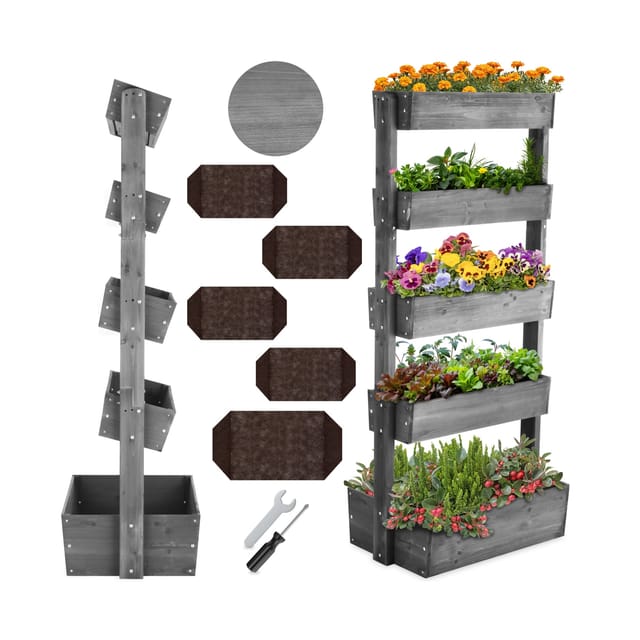 tectake® Vertikalbeet, 5 Etagen, die oberen 4 mit Schrägstellfunktion, wetterfest und standsicher, inklusive Pflanzvlies, 81 x 52 x 180 cm