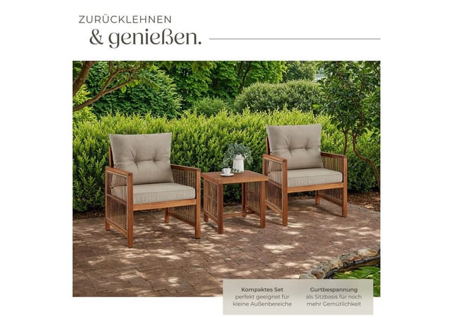 tectake® Lounge-Set, massives Holzgestell mit Polyrattan im Rope-Design, wasserabweisende, abnehmbare Polyesterbezüge, Sessel mit je 2 höhenverstellbaren Kunststofffüßen