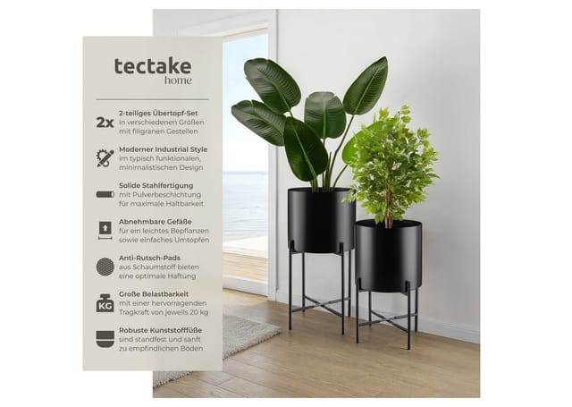 tectake® Pflanzenständer, 2-teilig, im Industrial Style, pulverbeschichteter Stahl, Anti-Rutsch-Pads, Belastbarkeit je 20 kg