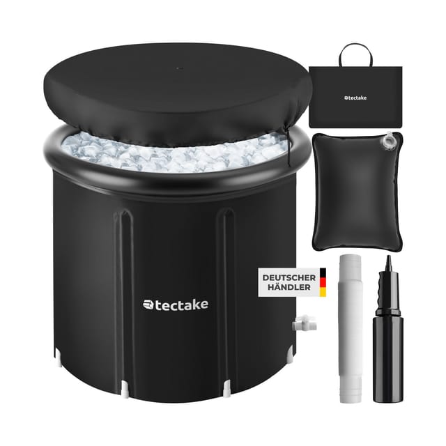 tectake® Eisbadetonne, faltbar, mit 3-facher Isolierung, zentraler Wasserablass und Ablaufhahn, inkl. Tragetasche, Pumpe und Wasserkissen