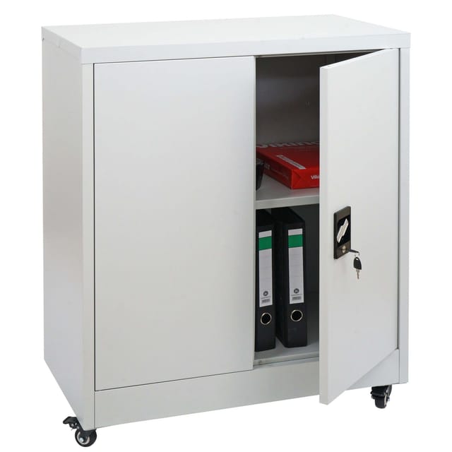 Aktenschrank MCW-O50, Büroschrank Stahlschrank mit Rollen, 2 Türen abschließbar, Stahl 98x80x40cm ~ hellgrau