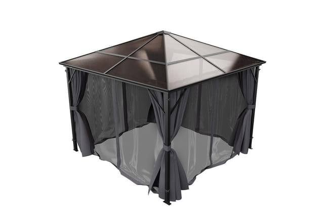 GARMIO® Pavillon 3x3m Garten Überdachung mit Polycarbonat - Dach & Moskitonetz, Seitenteile wasserdicht in anthrazit, mit Metallgestell & Aluminiumrahmen, für Outdoor