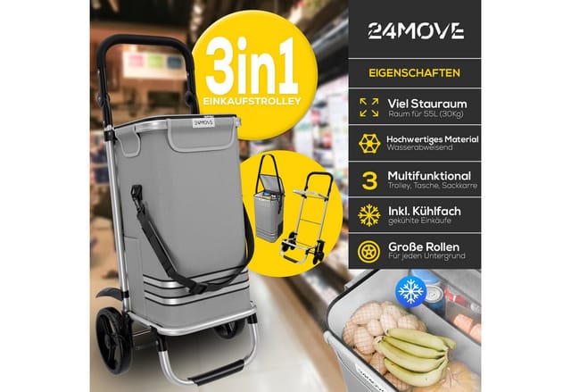 24MOVE® Einkaufstrolley VEHLO 3in1 Trolley faltbarer Einkaufswagen mit Kühlfach, grau
