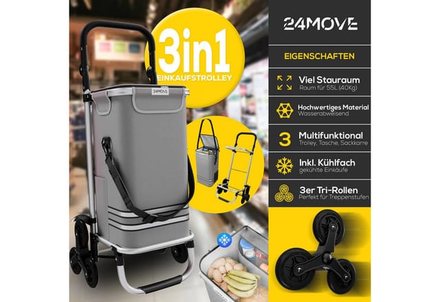 24MOVE® Einkaufstrolley ALEGRE 3in1 Trolley faltbarer Einkaufswagen mit Kühlfach, grau
