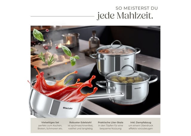 tectake® Kochtopfset, 9-teilig, aus Edelstahl, für Induktion geeignet, Glasdeckel mit Dampfabzug, integrierte Messskala in den Töpfen