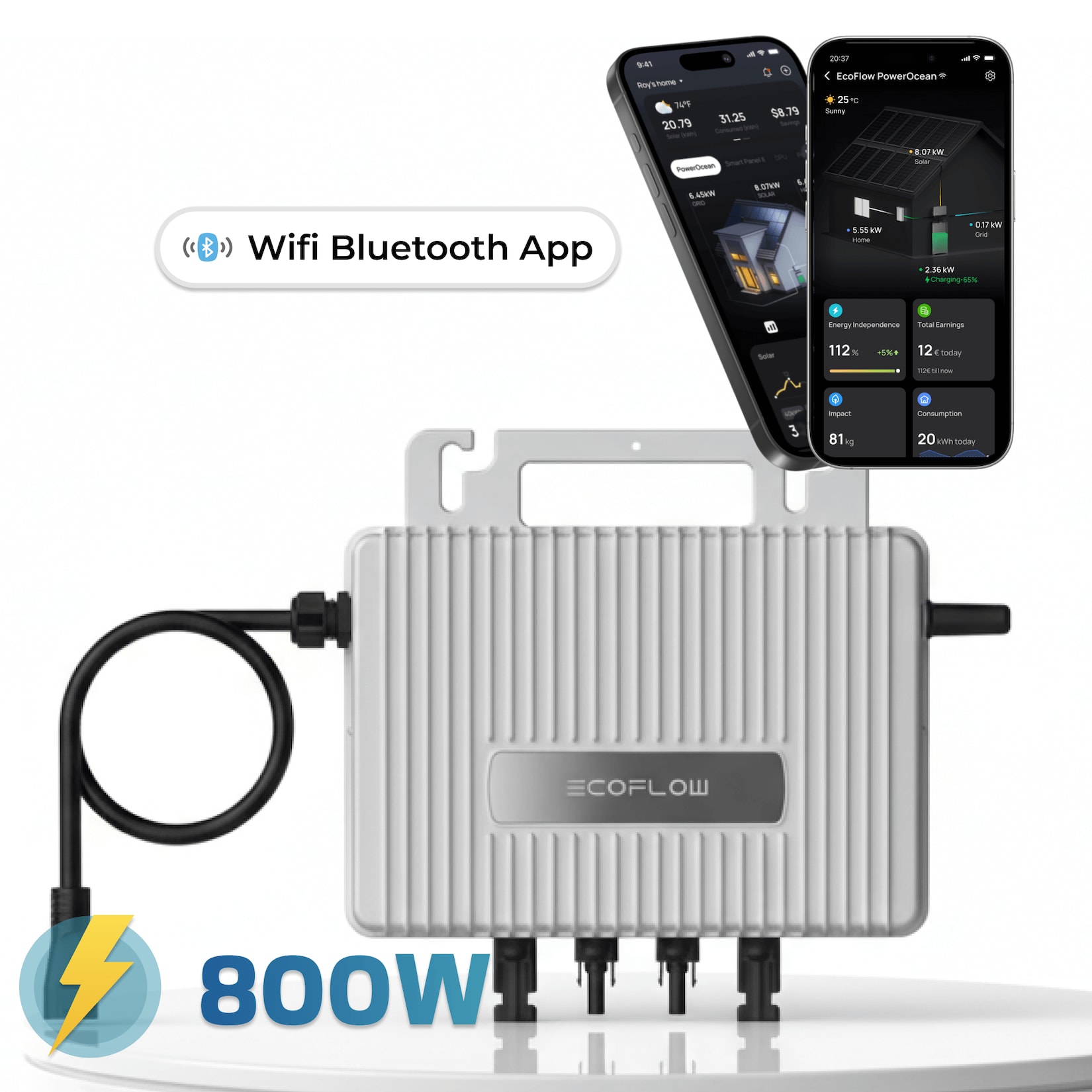 ECOFLOW Mikro-Wechselrichter 800 W EFStreamMI800W für Balkonkraftwerk, IP67 wetterfest, Plug-&-Play Installation, 2 MPPT, Bluetooth & WIFI, Micro Inverter