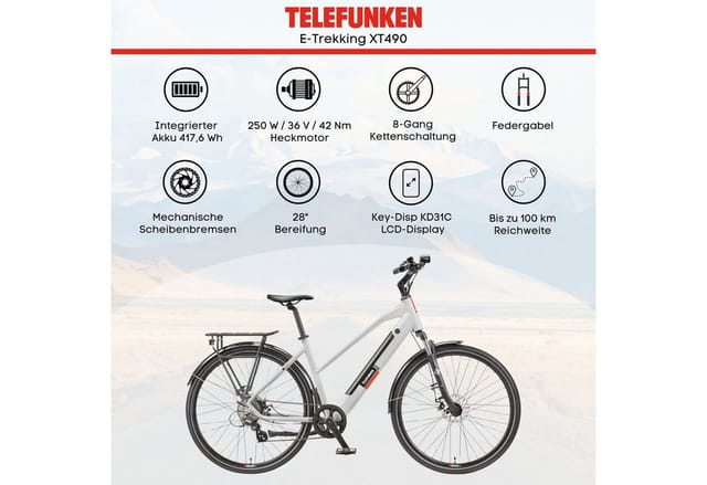 Telefunken Trekking E-Bike Elektrofahrrad 28 Zoll 8-Gang Kettenschaltung Heckmotor 250W 417,6Wh Akku Pedelec XT490 Damen