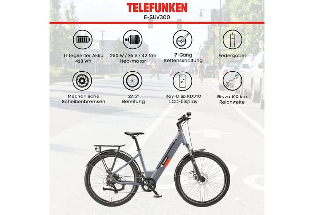 Telefunken City SUV E-Bike Elektrofahrrad 27,5 Zoll Heckmotor 7-Gang Kettenschaltung 468 Wh Akku Pedelec SUV300