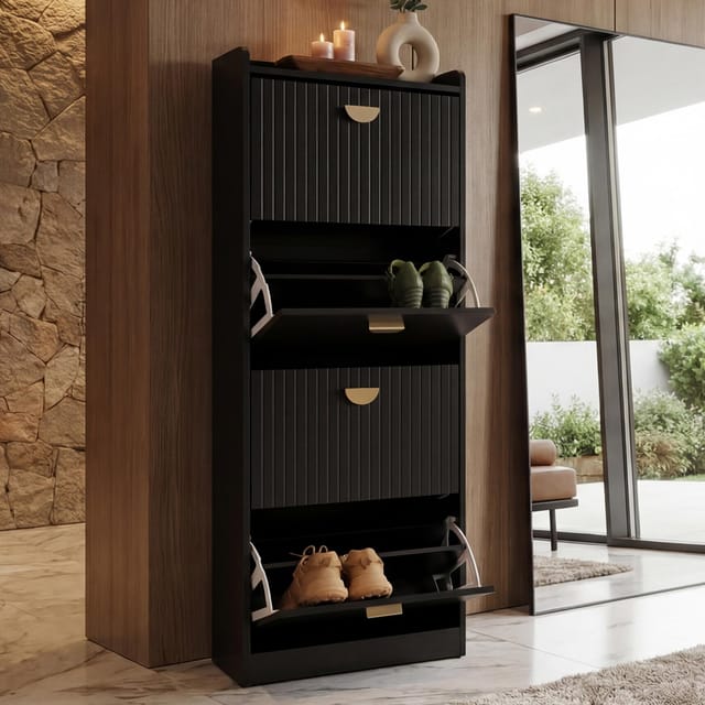 Schuhschrank MCW-O39, Schuhkipper Schuhregal 4 Klappen Klappfächer MDF Melamin Metall 148x50x24cm ~ Holzoptik schwarz