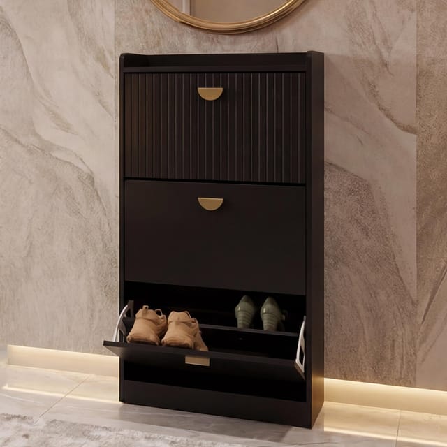 Schuhschrank MCW-O39, Schuhkipper Schuhregal 3 Klappen Klappfächer MDF Melamin Metall 117x60x24cm ~ Holzoptik schwarz