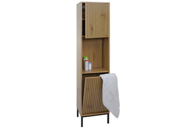 Hochschrank MCW-O42, Badschrank Badregal Badezimmer Schrankfächer Wäschekorb, MDF Melamin 174x39x30cm ~ Holzoptik natur
