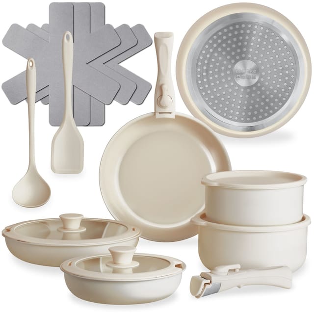 tectake® Kochtopfset, 16-teilig, für Induktion geeignet, inklusive 2 Glasdeckeln mit Dampfabzug und 2 Silikonabdeckungen, 2 Küchenwerkzeuge und 3 Topfschoner aus Filz
