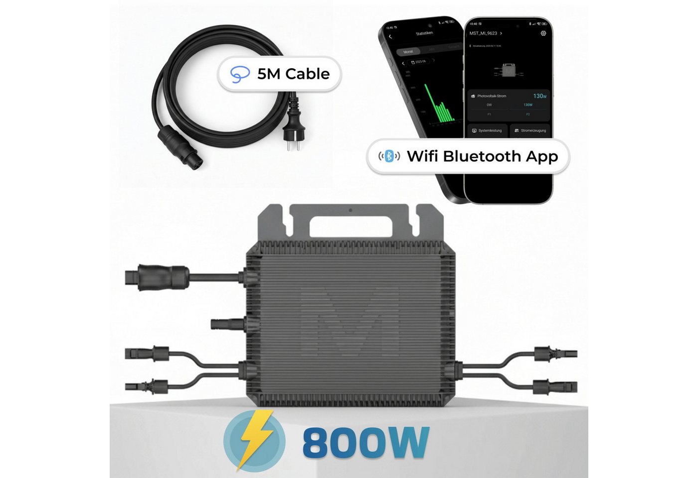 MARSTEK Mikro-Wechselrichter 800 W MST-MI0800 für Balkonkraftwerk, IP67 wetterfest, Plug-&-Play Installation, 2 MPPT, Bluetooth & WIFI, inkl. 5 m Anschlusskabel, Micro Inverter Bild 2