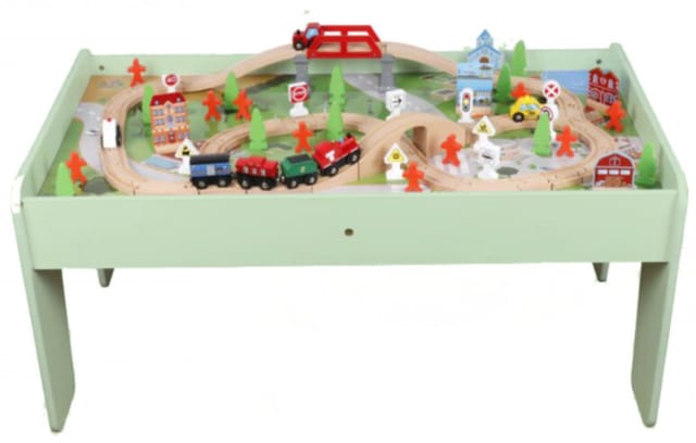 Coemo Spieltisch mit 90-tlg. Holzeisenbahn Farbe Mintgrün