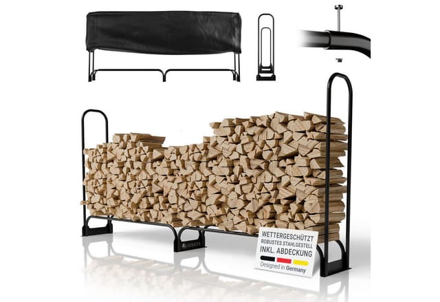Juskys Kaminholzregal L 260x117x36 cm – Schwarz, außen, Metall mit Abdeckung & 300 kg belastbar