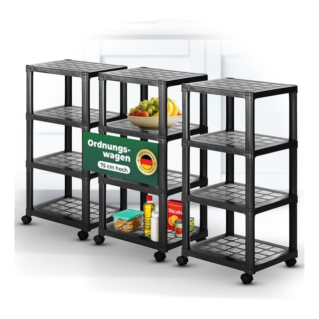 Novaliv 3er-Set Rollwagen mit 4 Etagen Schwarz, Badezimmer-Regal Badregal Bad Küche Ordnungswagen Beistellwagen Allzweckwagen Putzwagen Ordnungswagen Schrank Bastelwagen Aufbewahrung Organizer