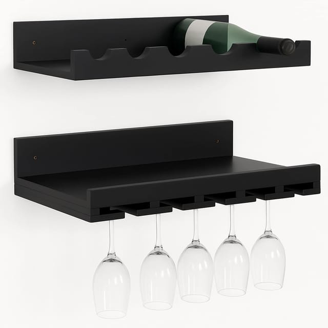 2er-Set Weinregal MCW-P22, Glas-/Flaschenhalter Wandbar für 6 Flaschen/15 Gläser Holz MVG-zertifiziert 61x28cm ~ schwarz