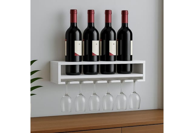 Weinregal MCW-P21, Glas-/Flaschenhalter Wandbar Regal für 4 Flaschen/6 Gläser Holz MVG-zertifiziert 12x48x12cm ~ weiß