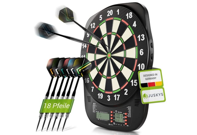 Juskys Elektronische Dartscheibe mit 32 Spielen für bis zu 8 Spieler, LCD-Display & 18 Darts