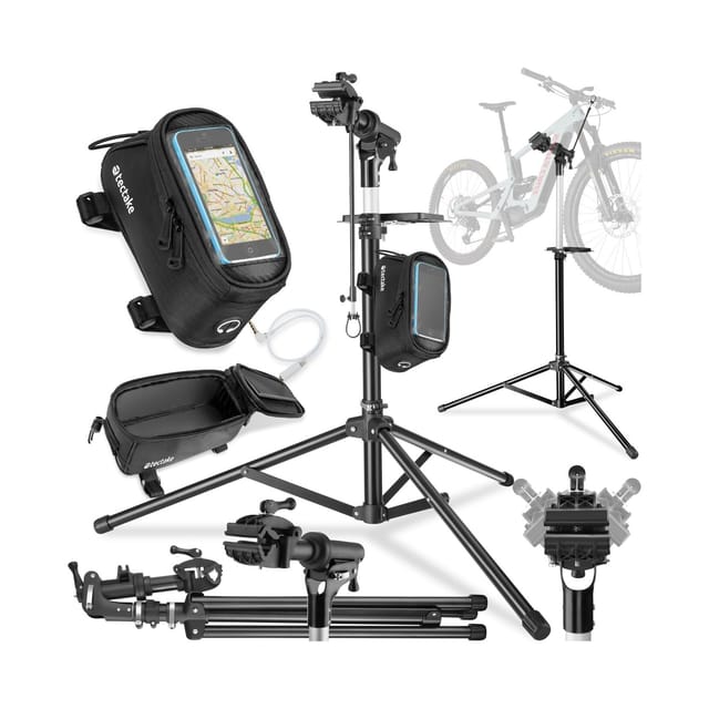 tectake® Set Fahrradmontageständer Jan und Rahmentasche, Montageständer mit 50 kg Belastbarkeit, klappbar mit Schnellverschlüssen, stufenlos höhenverstellbar und 360° drehbar, wasserabweisende Rahmentasche mit Klettverschluss sowie Handyfach mit