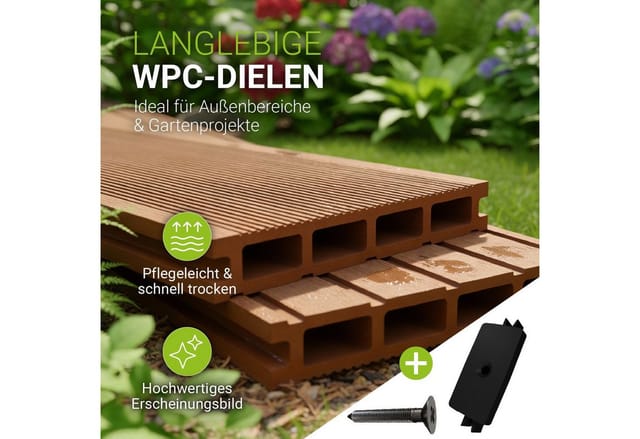 Juskys WPC Terrassendielen 6 m² – 220 cm Dielen, wetterfest inkl. Unterkonstruktion – Teak