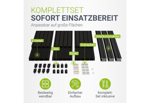 Juskys WPC Terrassendielen 10 m² – 220 cm Dielen, wetterfest inkl. Unterkonstruktion – Anthrazit