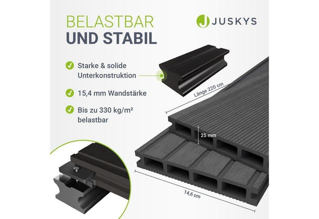 Juskys WPC Terrassendielen 8 m² – 220 cm Dielen, wetterfest inkl. Unterkonstruktion – Grau