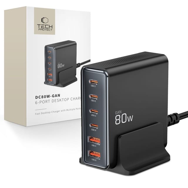 Tech-Protect DC80W-GAN 6-PORT PD80W/QC3.0 Ladestation – Schwarz