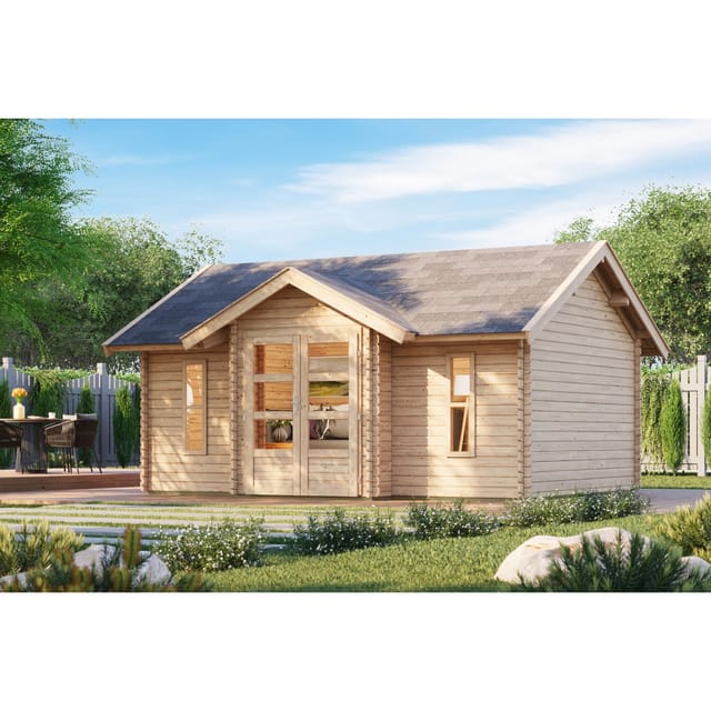 Karibu Gartenhaus "Sandstad" Blockbohlenhaus 38 mm Wandstärke Firsthöhe 293cm Fläche 19m² inkl Fußboden