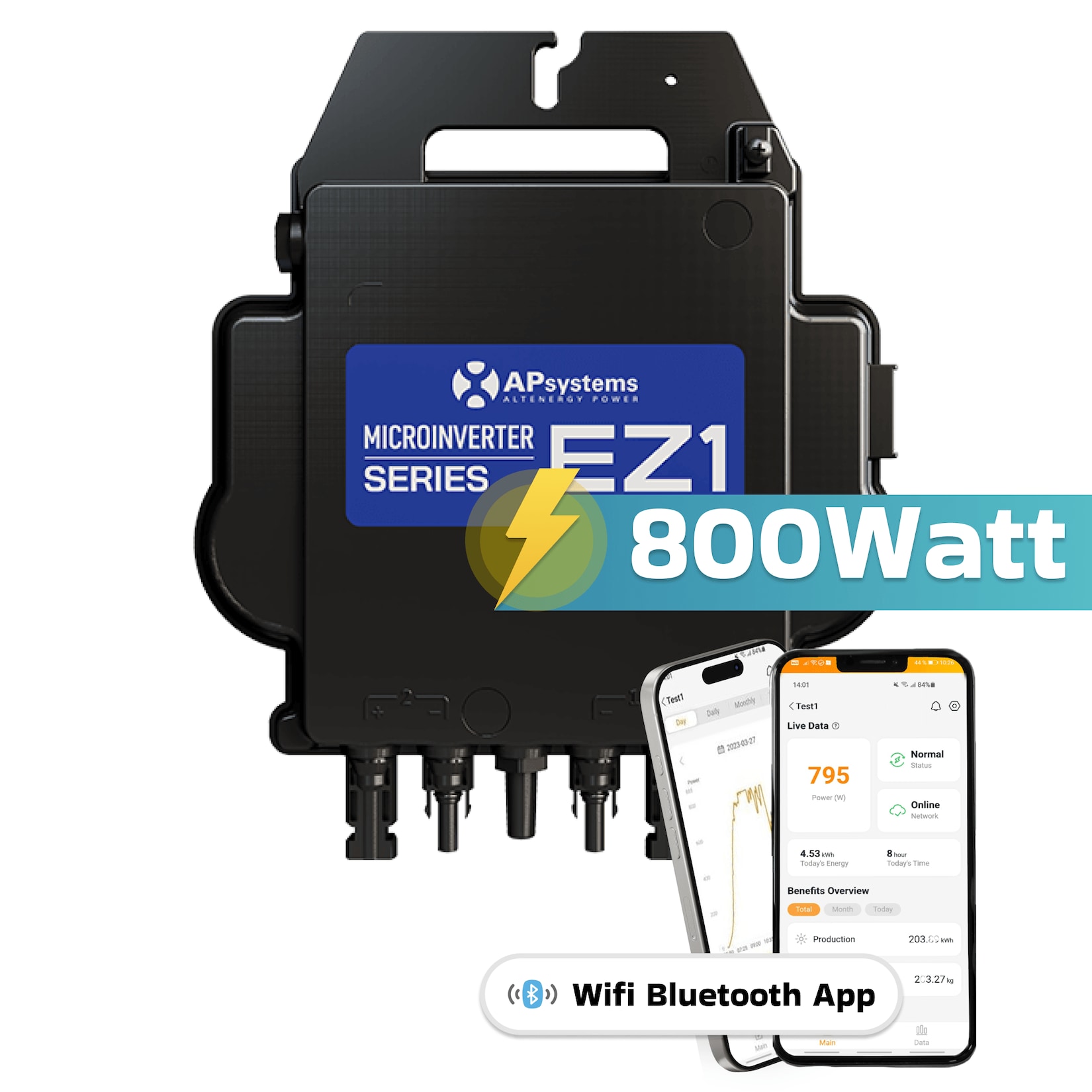 AP Systems Mikro-Wechselrichter 800 W EZ1-M-EU für Balkonkraftwerk, IP67 wetterfest, Plug-&-Play Installation, 2 MPPT, Bluetooth & WIFI, Micro Inverter